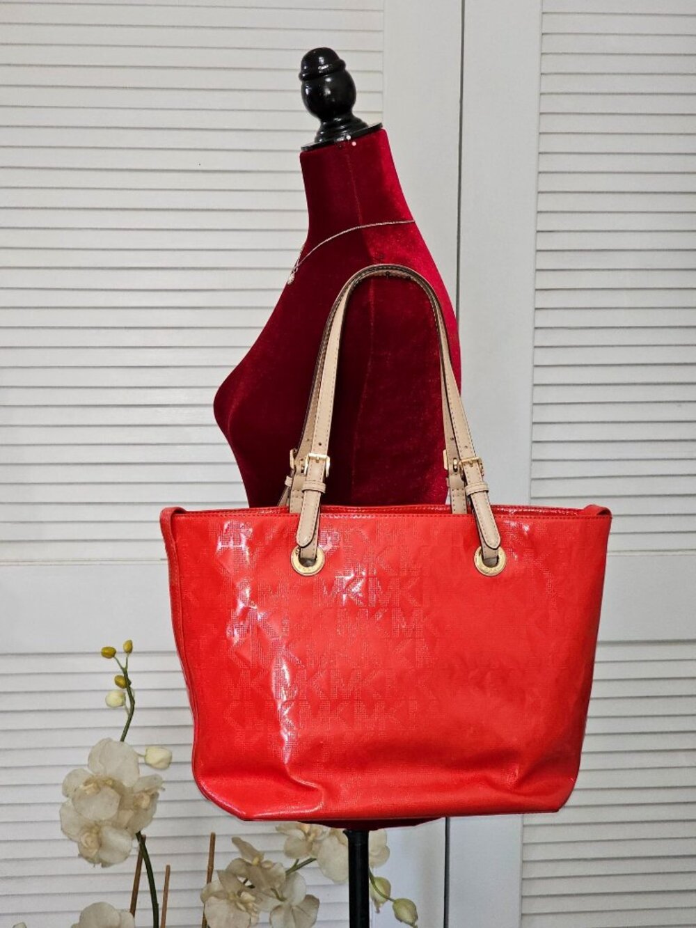 Michael Kors Women's Red Leather Jet Set Mirror Metallic Patent Tote Large 1794 - Picture 15 of 16